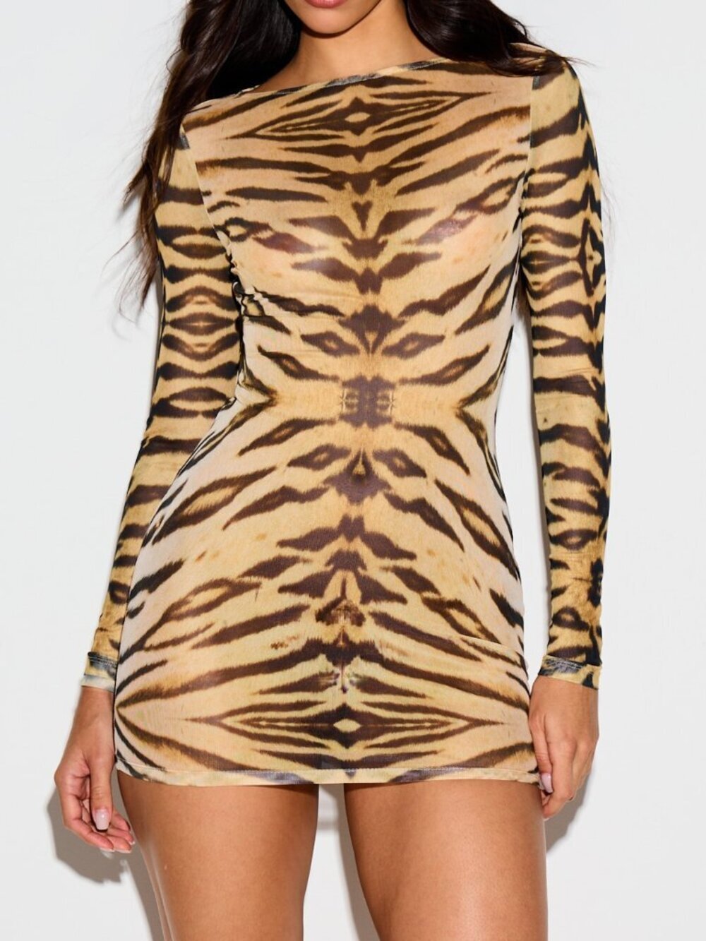 Brown Sexy Women's Tiger Print Long Sleeve Stretch Fitted Bodycon Mini Dress